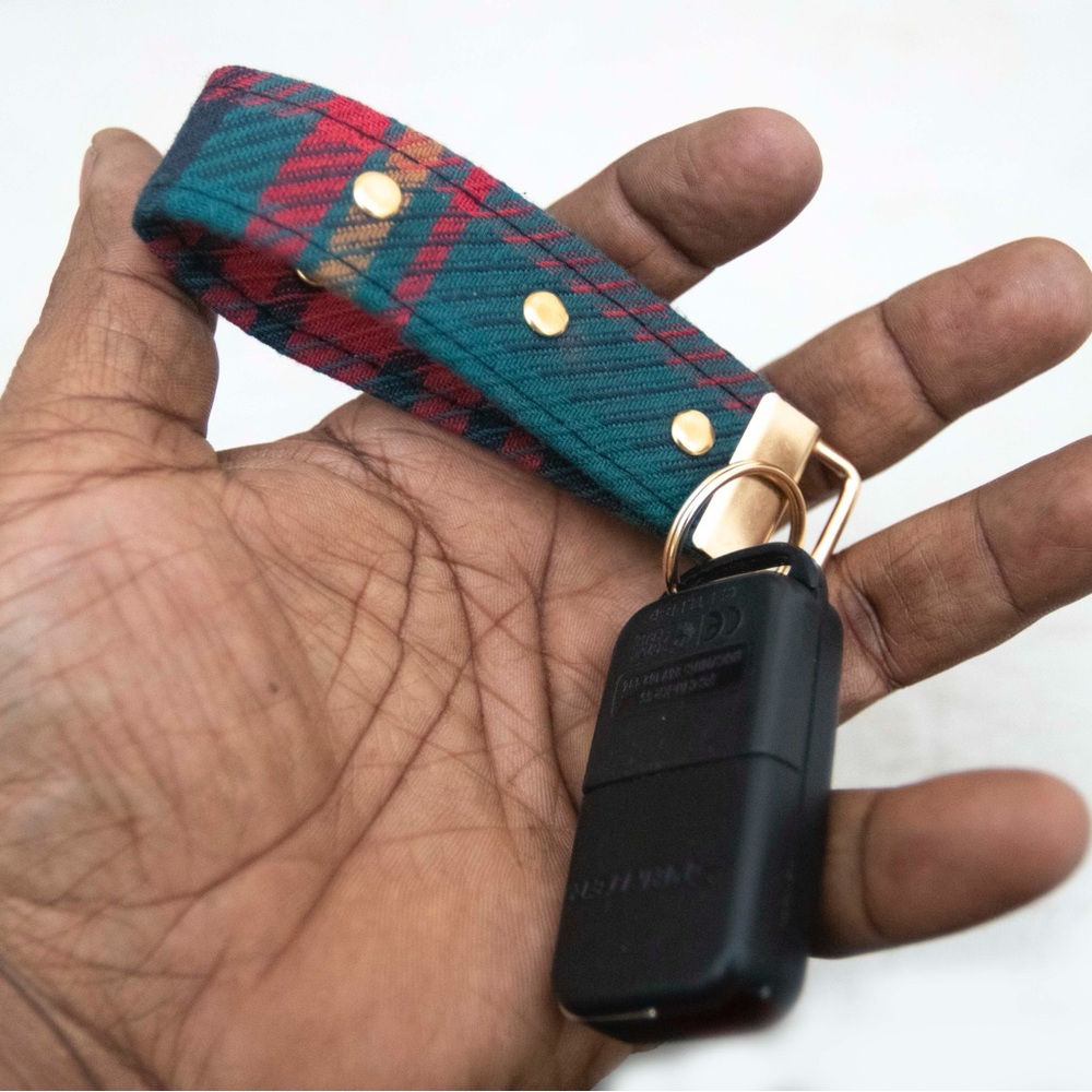 Plaid Keychain Wristlet with Gold Accents
